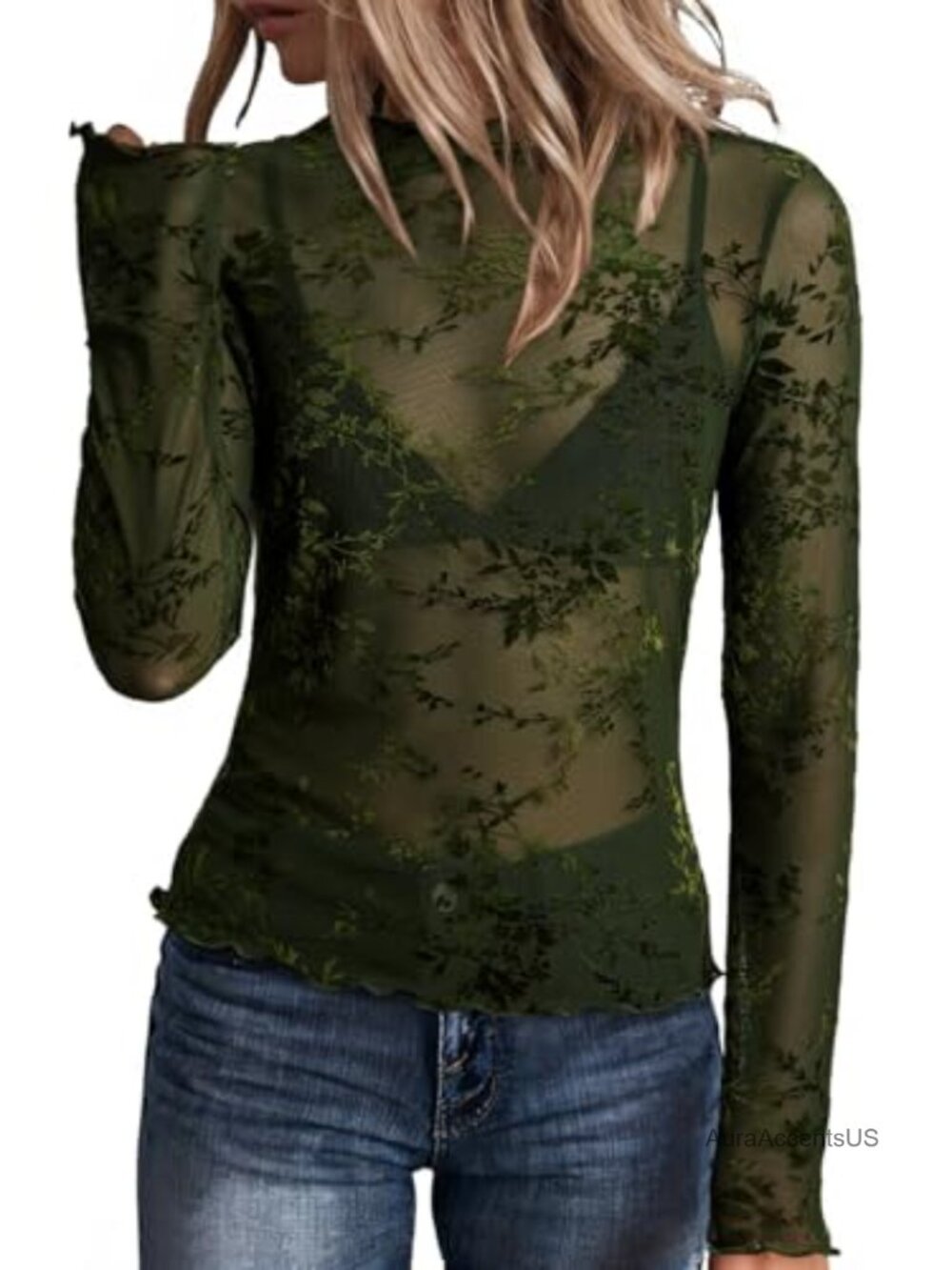 Women's Velvet Floral Embroidery Mesh Top Long Sleeve Sheer Blouse